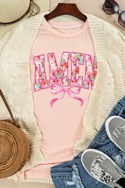 New Dear-Lover Floral AMEN Bow Graphic Crewneck T Shirt Pink