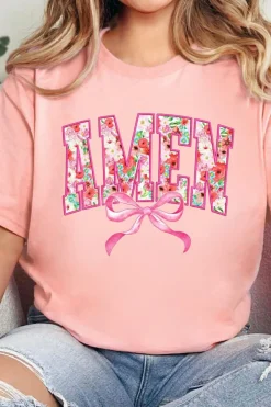 New Dear-Lover Floral AMEN Bow Graphic Crewneck T Shirt Pink