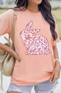 New Dear-Lover Floral Bow Bunny Graphic Tee Pink