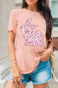 New Dear-Lover Floral Bow Bunny Graphic Tee Pink