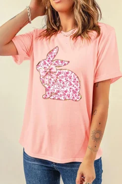 New Dear-Lover Floral Bow Bunny Graphic Tee Pink