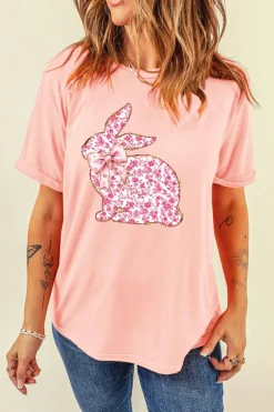 New Dear-Lover Floral Bow Bunny Graphic Tee Pink