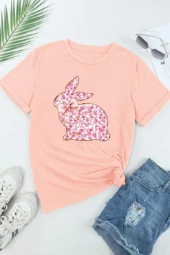 New Dear-Lover Floral Bow Bunny Graphic Tee Pink