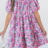 Fashion Dear-Lover Floral Collared Half Placket Short Sleeve Loose Dress Pink