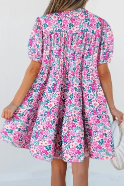 Fashion Dear-Lover Floral Collared Half Placket Short Sleeve Loose Dress Pink