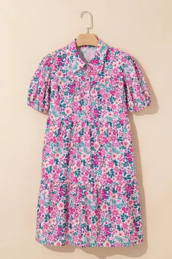 Fashion Dear-Lover Floral Collared Half Placket Short Sleeve Loose Dress Pink