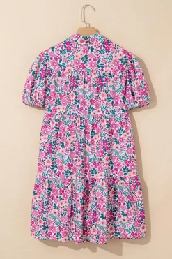Fashion Dear-Lover Floral Collared Half Placket Short Sleeve Loose Dress Pink