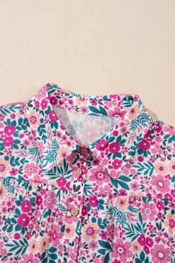 Fashion Dear-Lover Floral Collared Half Placket Short Sleeve Loose Dress Pink