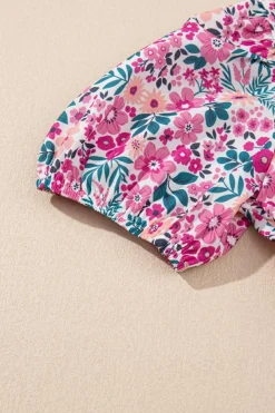 Fashion Dear-Lover Floral Collared Half Placket Short Sleeve Loose Dress Pink