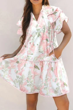 Sale Dear-Lover Floral Contrast Edge Layered Short Sleeve Mini Dress Pink