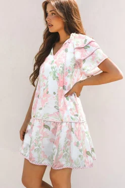 Sale Dear-Lover Floral Contrast Edge Layered Short Sleeve Mini Dress Pink