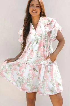 Sale Dear-Lover Floral Contrast Edge Layered Short Sleeve Mini Dress Pink