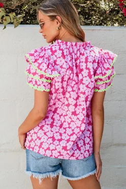 Best Dear-Lover Floral Contrast Ric Rac Layered Ruffle Sleeve Blouse Pink