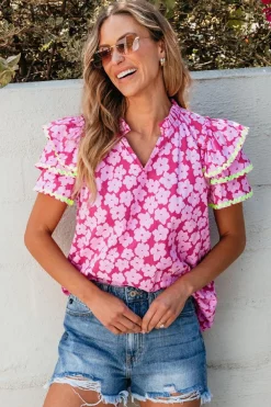 Best Dear-Lover Floral Contrast Ric Rac Layered Ruffle Sleeve Blouse Pink