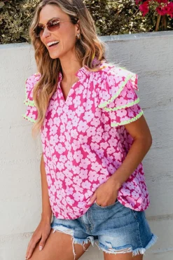Best Dear-Lover Floral Contrast Ric Rac Layered Ruffle Sleeve Blouse Pink