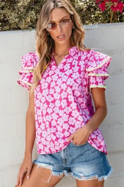 Best Dear-Lover Floral Contrast Ric Rac Layered Ruffle Sleeve Blouse Pink