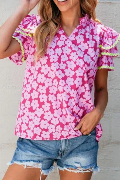 Best Dear-Lover Floral Contrast Ric Rac Layered Ruffle Sleeve Blouse Pink