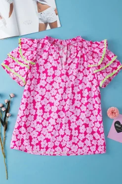 Best Dear-Lover Floral Contrast Ric Rac Layered Ruffle Sleeve Blouse Pink