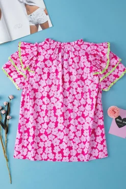 Best Dear-Lover Floral Contrast Ric Rac Layered Ruffle Sleeve Blouse Pink