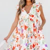 Online Dear-Lover Floral Double Ruffle Sleeve V Neck High Waist Mini Dress Pink