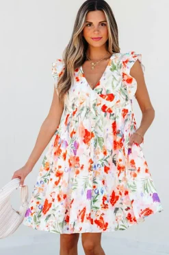 Online Dear-Lover Floral Double Ruffle Sleeve V Neck High Waist Mini Dress Pink