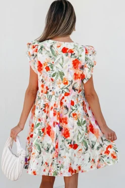 Online Dear-Lover Floral Double Ruffle Sleeve V Neck High Waist Mini Dress Pink