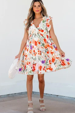 Online Dear-Lover Floral Double Ruffle Sleeve V Neck High Waist Mini Dress Pink