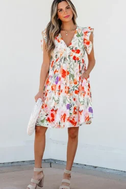 Online Dear-Lover Floral Double Ruffle Sleeve V Neck High Waist Mini Dress Pink