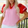 New Dear-Lover Floral Embroidered Notch V Neck Puff Sleeve Babydoll Blouse Pink