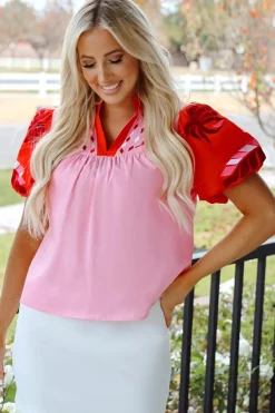 New Dear-Lover Floral Embroidered Notch V Neck Puff Sleeve Babydoll Blouse Pink