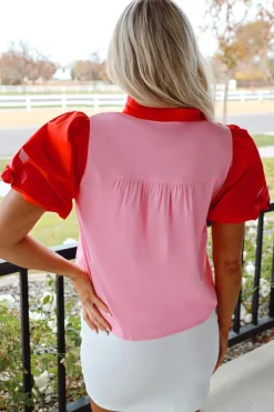 New Dear-Lover Floral Embroidered Notch V Neck Puff Sleeve Babydoll Blouse Pink