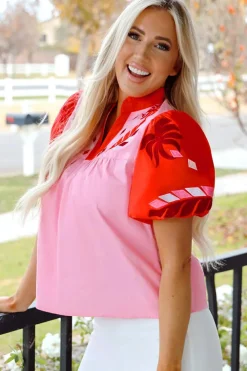 New Dear-Lover Floral Embroidered Notch V Neck Puff Sleeve Babydoll Blouse Pink