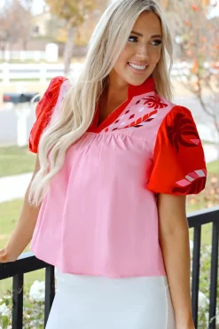 New Dear-Lover Floral Embroidered Notch V Neck Puff Sleeve Babydoll Blouse Pink