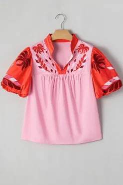 New Dear-Lover Floral Embroidered Notch V Neck Puff Sleeve Babydoll Blouse Pink