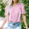 New Dear-Lover Floral Embroidered Puff Sleeve Split Neck Blouse Pink