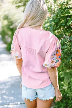 New Dear-Lover Floral Embroidered Puff Sleeve Split Neck Blouse Pink
