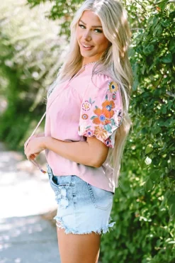 New Dear-Lover Floral Embroidered Puff Sleeve Split Neck Blouse Pink