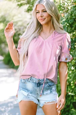 New Dear-Lover Floral Embroidered Puff Sleeve Split Neck Blouse Pink
