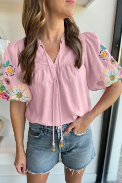 New Dear-Lover Floral Embroidered Puff Sleeve Split Neck Blouse Pink