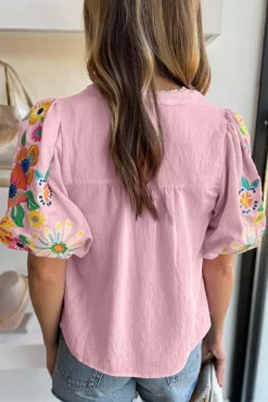New Dear-Lover Floral Embroidered Puff Sleeve Split Neck Blouse Pink