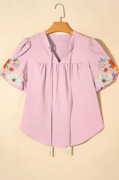 New Dear-Lover Floral Embroidered Puff Sleeve Split Neck Blouse Pink
