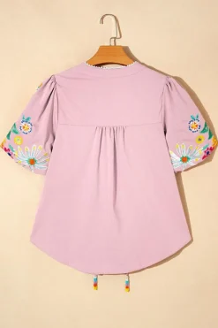 New Dear-Lover Floral Embroidered Puff Sleeve Split Neck Blouse Pink