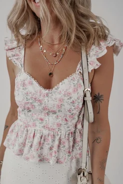 New Dear-Lover Floral Flutter Peplum Tank Top Pink