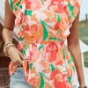 Sale Dear-Lover Floral Frilled Collar Split Neck Ruffled Sleeve Peplum Top Pink
