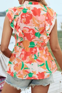 Sale Dear-Lover Floral Frilled Collar Split Neck Ruffled Sleeve Peplum Top Pink