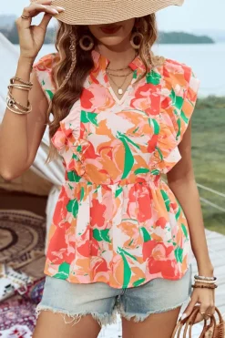 Sale Dear-Lover Floral Frilled Collar Split Neck Ruffled Sleeve Peplum Top Pink