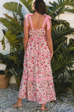 Sale Dear-Lover Floral Lace Tied Strap Empire Waist Maxi Dress Pink