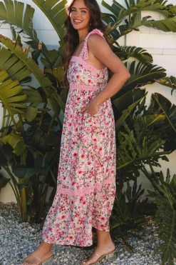 Sale Dear-Lover Floral Lace Tied Strap Empire Waist Maxi Dress Pink