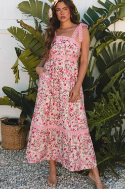 Sale Dear-Lover Floral Lace Tied Strap Empire Waist Maxi Dress Pink