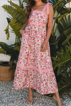 Sale Dear-Lover Floral Lace Tied Strap Empire Waist Maxi Dress Pink